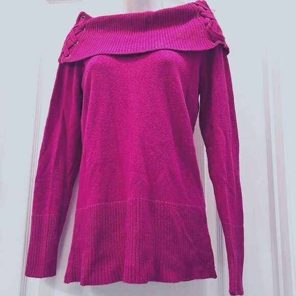 Cache Women's Fuchsia/Gold Shrug Off Shoulder Rabbit Hair Mix Sweater-Size Med - Picture 3 of 14